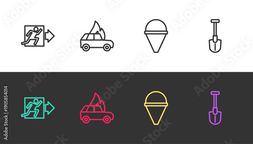 Set line Fire exit, Burning car, cone bucket and shovel on black and white. Vector