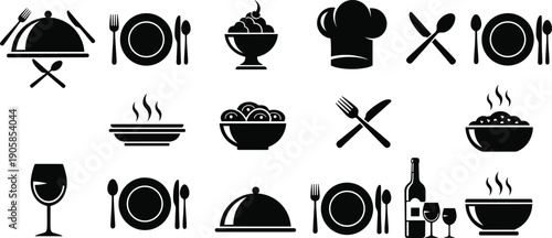 Restaurant and food service icon set with dining symbols including plates, cutlery, chef hat, meals, wine, and serving dishes, black silhouette vector graphics for hospitality design