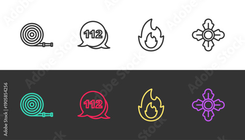 Set line Fire hose reel, Emergency call, flame and Firefighter on black and white. Vector