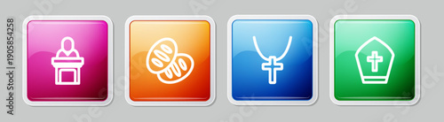 Set line Church pastor preaching, Christian bread, cross on chain and Pope hat. Colorful square button. Vector