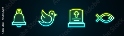 Set line Church bell, Dove, Grave with tombstone and Christian fish symbol. Glowing neon icon. Vector
