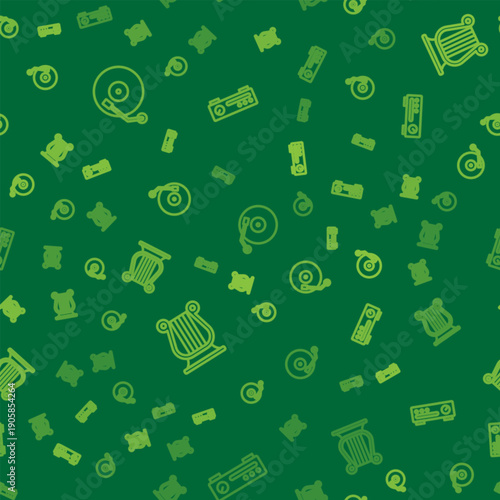 Set line Vinyl player, Ancient Greek lyre and Sound mixer controller on seamless pattern. Vector