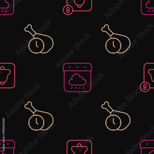 Set line Alarm clock app mobile, Food time and Calendar autumn on seamless pattern. Vector