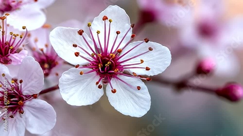 Close-up shows white blossoms with magenta stamens against a blurred background