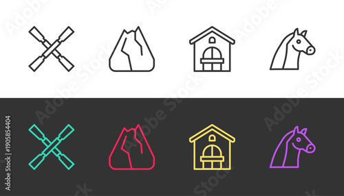 Set line Oars or paddles boat, Mountains, Farm house and Horse on black and white. Vector