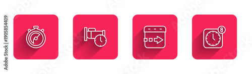 Set line Stopwatch, Time sleep, flies on the clock and Alarm app mobile with long shadow. Red square button. Vector