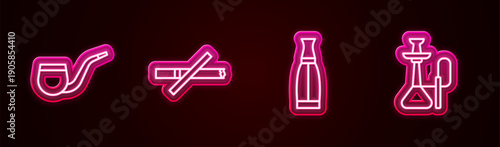 Set line No pipe smoking, Vape liquid bottle and Hookah. Glowing neon icon. Vector