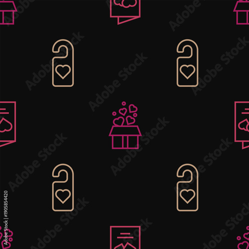 Set line Valentines day flyer, Please do not disturb with heart and Gift box hearts on seamless pattern. Vector