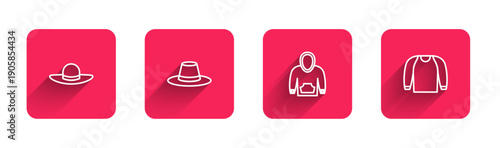 Set line Elegant women hat, Man, Hoodie and Sweater with long shadow. Red square button. Vector