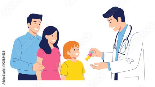 Family consultation: A family consulting with a doctor. The doctor is handing medicine to the girl. Family members are looking each other with kind faces. 