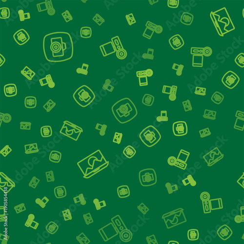 Set line Photo camera, retouching and Cinema on seamless pattern. Vector