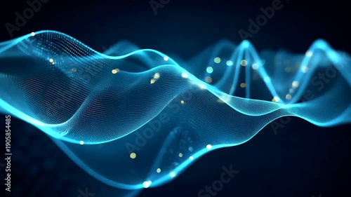 Glowing blue wavy mesh, dotted with yellow orbs, against a dark background