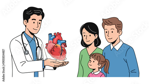 Cardiac Consultation: A compassionate healthcare provider explaining the intricacies of a human heart to a concerned family, fostering a sense of understanding and reassurance.