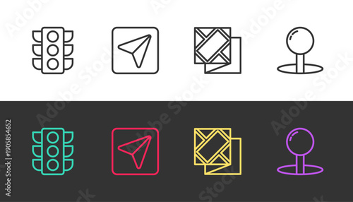 Set line Traffic light, Infographic of city map navigation, Folded and Push pin on black and white. Vector