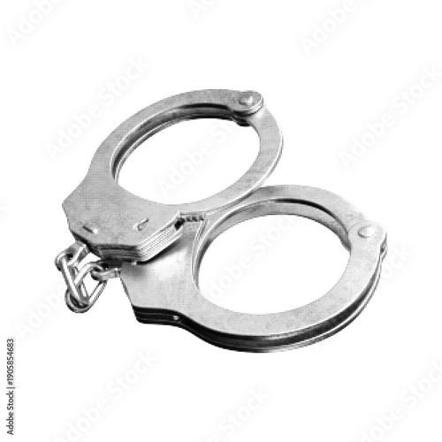 Black and white handcuff illustration isolated on white background. Metallic police handcuff with open lock, symbol of law enforcement, crime, arrest, justice and security concept.