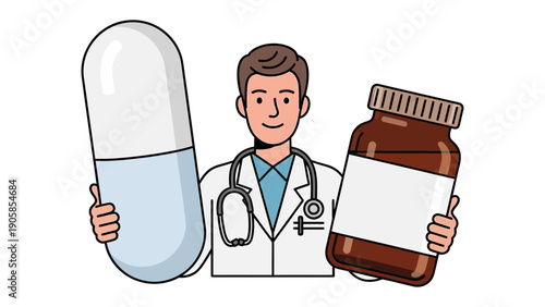 The Doctor's Prescription: An illustration of a friendly doctor holding a pill and medicine bottle, symbolizing healthcare and medication. 