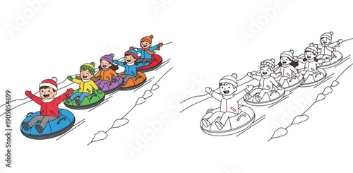 Vector illustration of happy children snow tubing down a hill with black and white outline version for coloring book page
