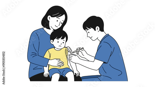 Vaccination Time: A young child receives a comforting vaccination from a health professional, as the parent offers support and reassurance, focusing on health care and medical treatment.