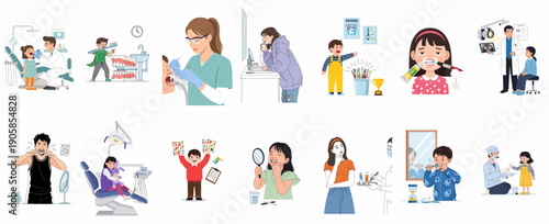 Vector set of dental care illustrations showing oral hygiene routines, professional dentist visits, tooth brushing, flossing, and pediatric dentistry.