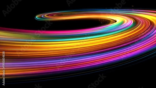 Swirling, vibrant ribbons of spectral light dance across a stark black background