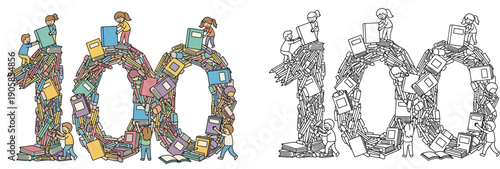 Children Using Books and Creative Education to Build Number 100 Illustration of a Concept Cartoon Back-to-School Vector Coloring Page for Children