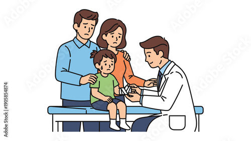 Family at the Doctor: A concerned family seeks medical attention, with the doctor providing care. It is a heartfelt moment of healthcare, trust and responsibility.
