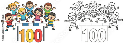 This adorable cartoon illustration of children jumping and celebrating their 100th birthday together is a fun educational celebration vector