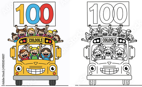 This adorable cartoon depicts happy youngsters celebrating the number 100 while riding a smiling school bus Ideal for children's education coloring books learning resources and school designs
