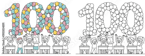 Kids Using Balloon Numbers to Celebrate the First 100 Days of School Happy Classroom Education Celebration with Cartoon Illustration Children's Coloring Page Vector