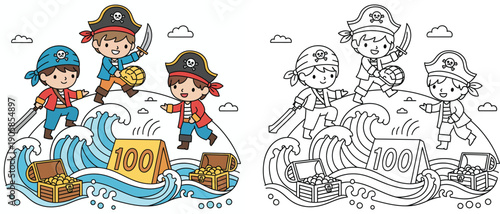 Treasure and Waves to Celebrate Number 100, Adorable Cartoon Illustration Fantasy Learning Vector Coloring Page for Kids