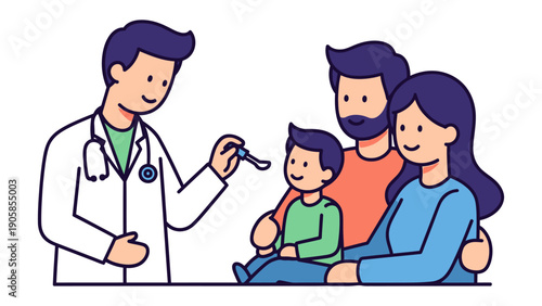 Family Doctor's Visit: A caring doctor provides medical attention to a family. A scene of trust, health, and well-being. 