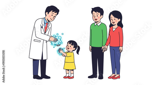 Medical Care and Family Support: A friendly medical practitioner assists a young girl, supported by her parents, exemplifying the value of comprehensive healthcare and familial backing.