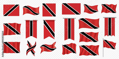 Trinidad and Tobago flag vector set with various shapes and waving styles on transparent background.