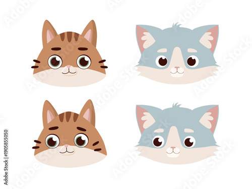A set of cute brown and gray cat faces. Cartoon funny kitten characters in kawaii style. Kids collection. Stickers. Flat design. White background. Vector illustration.