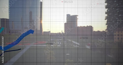 Low sun causing faint grid and colored charts climbing and crossing skyline for financial insight