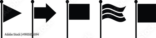 Set of Five Black Silhouette Flag Icons on Poles Including Pennant Wave and Square Shapes Isolated on White Background, Vector,