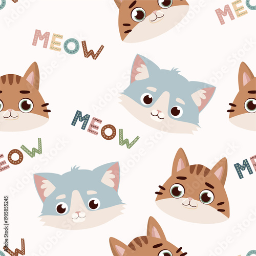 A seamless pattern with cute gray and brown cats on a beige background for children's textiles. Handwritten word "meow"
