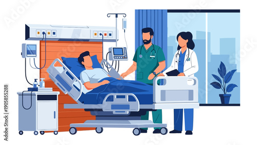 Healthcare Professionals Caring for Patient: In a hospital room, dedicated doctors provide attentive care to a patient, ensuring their well-being.