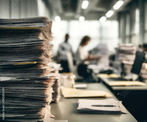 Office desk is stacked into a towering pile of forms, folders, and contracts. Concept of administrative and bureaucratic burden. 