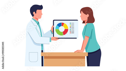 Data Analysis Consultation: A healthcare professional presents a data analysis on a tablet device to a patient, fostering a dialogue centered on information and health management.