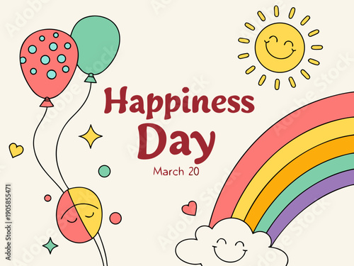 World Happiness Day celebration with colorful balloons rainbow and smiling sun on March 20