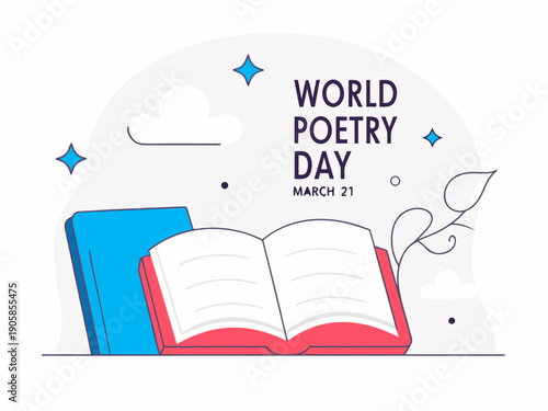 World Poetry Day illustration with books and clouds