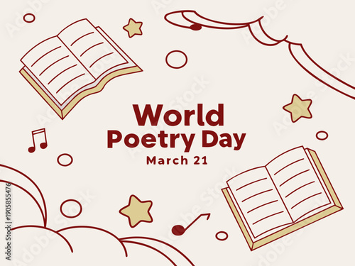 World Poetry Day March 21 celebration illustration with books stars and music notes