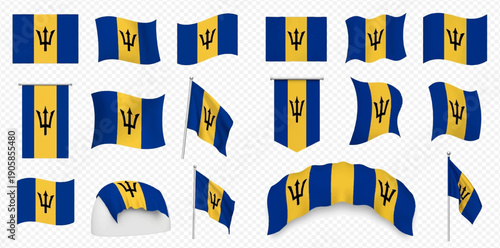Set of Barbados flags in various shapes and styles, isolated on a transparent background.