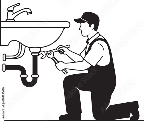 Plumber kneeling fixing sink pipe maintenance service silhouette illustration concept professional design