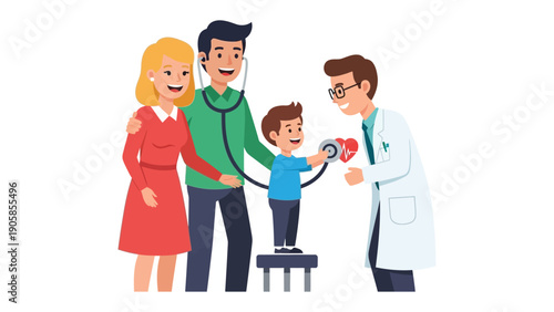 Family Wellness Examination: A tender moment unfolds as a healthcare professional conducts a routine check-up, offering reassurance and care to a family, emphasizing health and well-being.