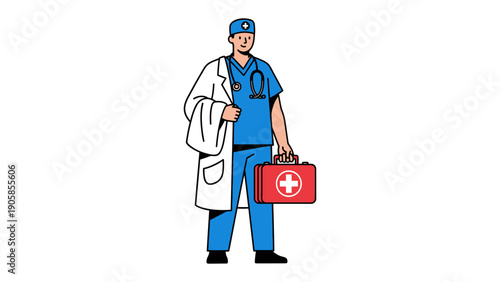 Dedicated Healthcare Professional: A focused healthcare professional, clad in scrubs, carries a medical kit and stethoscope, ready to provide care and support.