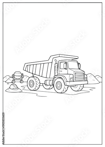 Construction vehicle coloring page for kids with a dumper and concrete mixer