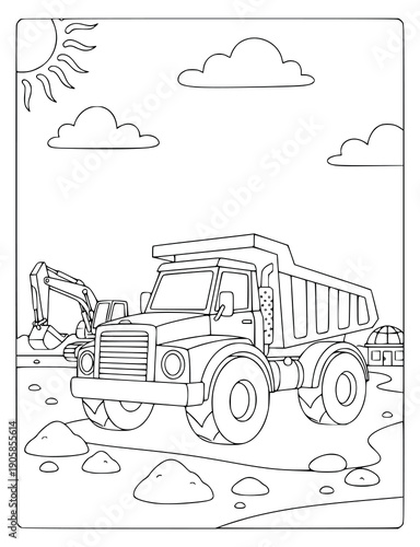 Construction vehicle coloring page for kids with a dumper and excavator