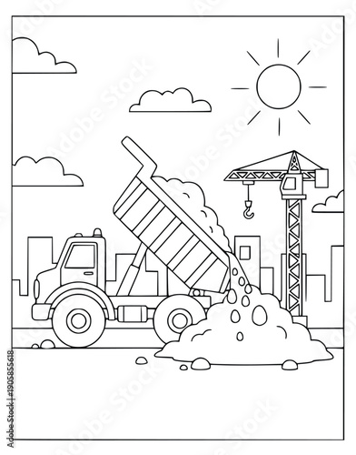 Construction coloring page for kids with a dump truck and tower crane